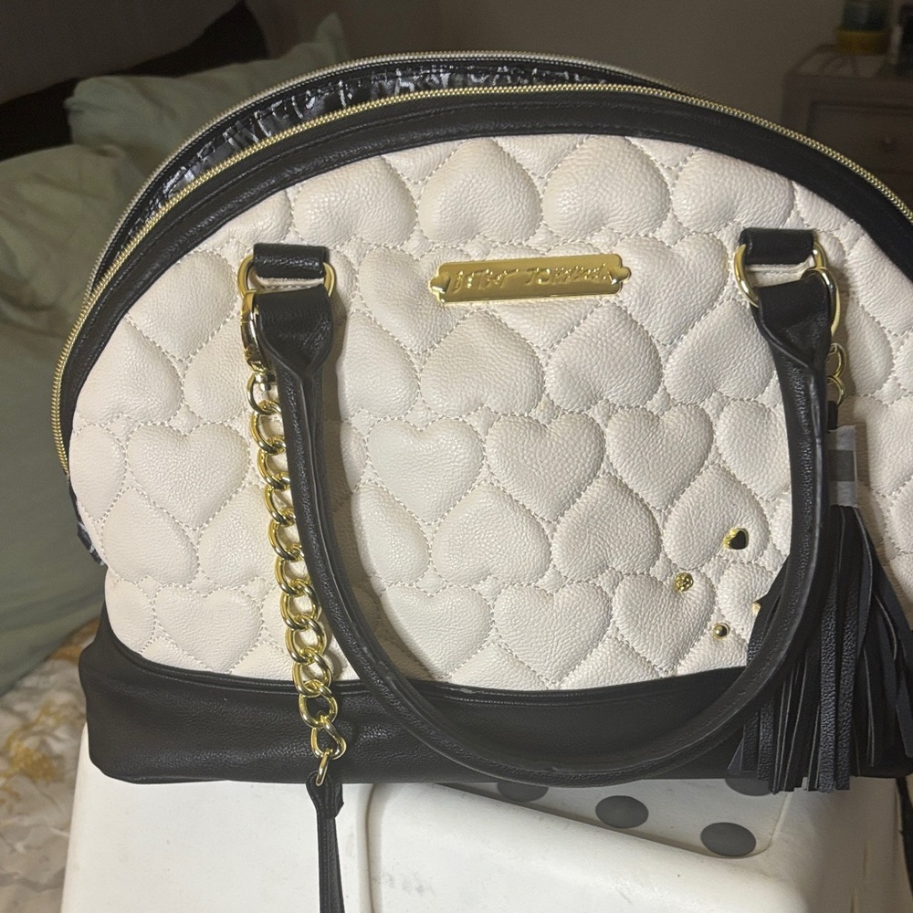 Betsey Johnson White and Black Quilted Heart Satchel